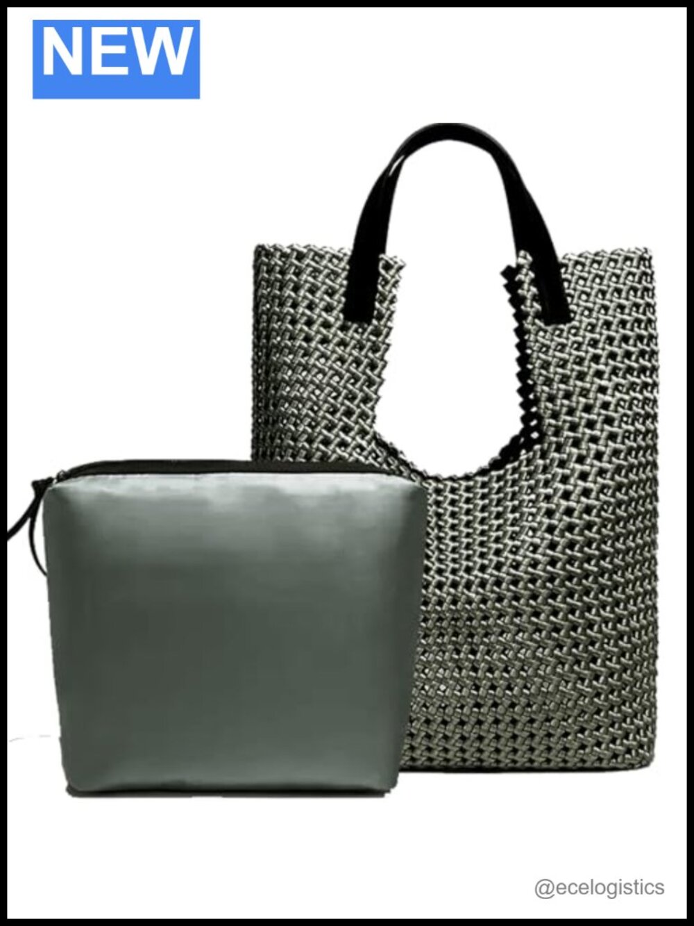 Woven Tote Bag & Clutch Set for Women, Leather Handles, Hollow Out Fashion